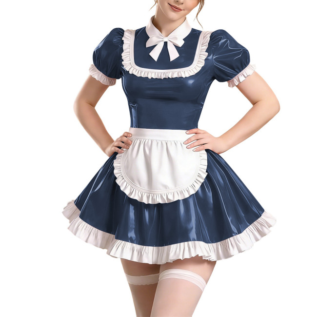 Sissy Short Sleeve Maid Uniform Lolita Pleated Cosplay Evening Dress Anime Bow Shiny PVC Mini Maid Dress with Apron Halloween