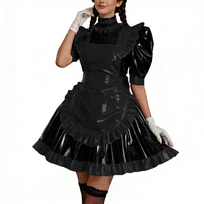 Shiny PU Leather Anime Maid Uniforms Lockable Role Play Mini Pleated Maid Dress with Apron Sissy Ball Gown Party Cosplay Outfits