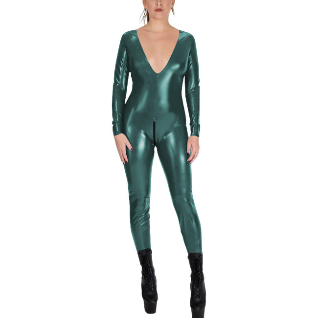V-neck Zipper Open Crotch Wet Look PVC Catsuit Womens Party Shiny PU Leather Bodysuit Cospaly Tight Leotard Long Sleeve Jumpsuit