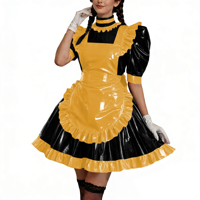 Shiny PU Leather Anime Maid Uniforms Lockable Role Play Mini Pleated Maid Dress with Apron Sissy Ball Gown Party Cosplay Outfits