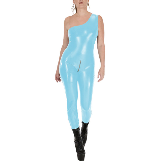 Fashion Sleeveless Wet Look PVC Catsuit Vinyl Faux Leather One Shoulder Rompers Zipper Open Crotch Tights Hot Leotard Jumpsuit
