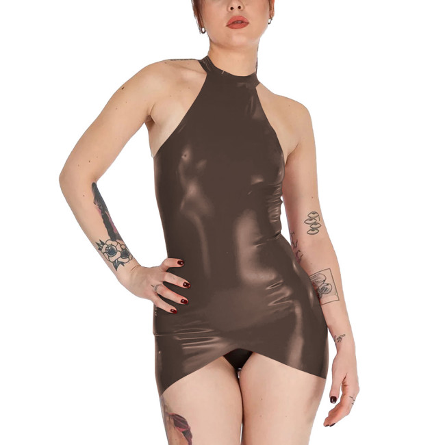 Womens Sleeveless Wet Look Sexy Tight Fit Dress Shiny PVC Leather Tank Dresses Sexy Package Hip Club Sundress Vestido Miniskirt