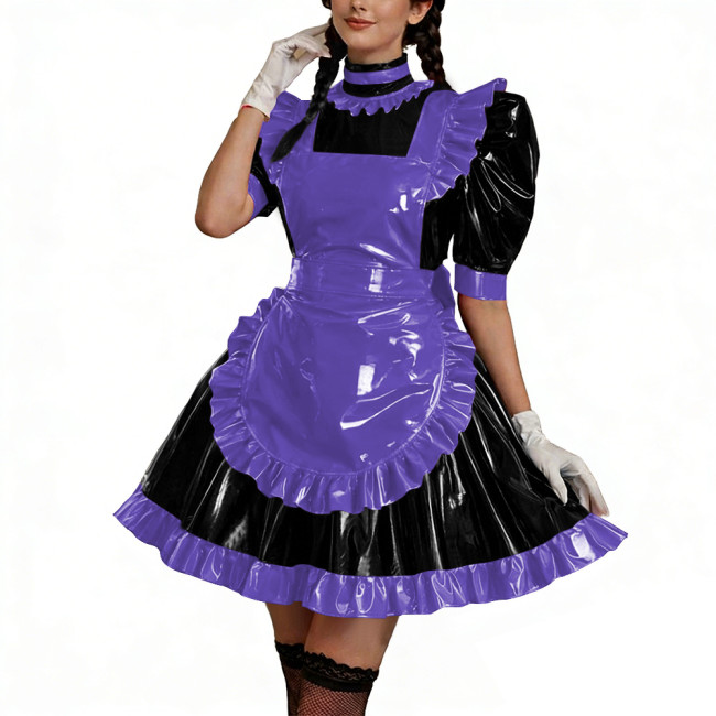 Shiny PU Leather Anime Maid Uniforms Lockable Role Play Mini Pleated Maid Dress with Apron Sissy Ball Gown Party Cosplay Outfits