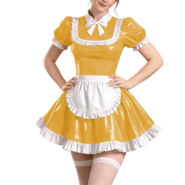 Sissy Short Sleeve Maid Uniform Lolita Pleated Cosplay Evening Dress Anime Bow Shiny PVC Mini Maid Dress with Apron Halloween