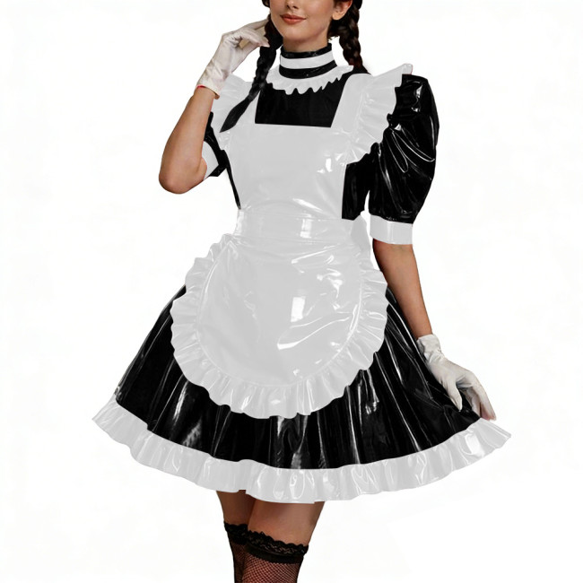 Shiny PU Leather Anime Maid Uniforms Lockable Role Play Mini Pleated Maid Dress with Apron Sissy Ball Gown Party Cosplay Outfits