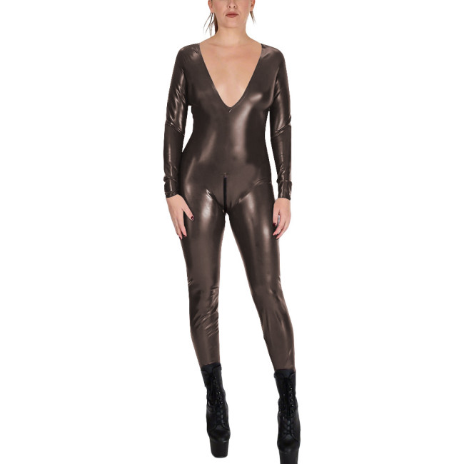 V-neck Zipper Open Crotch Wet Look PVC Catsuit Womens Party Shiny PU Leather Bodysuit Cospaly Tight Leotard Long Sleeve Jumpsuit