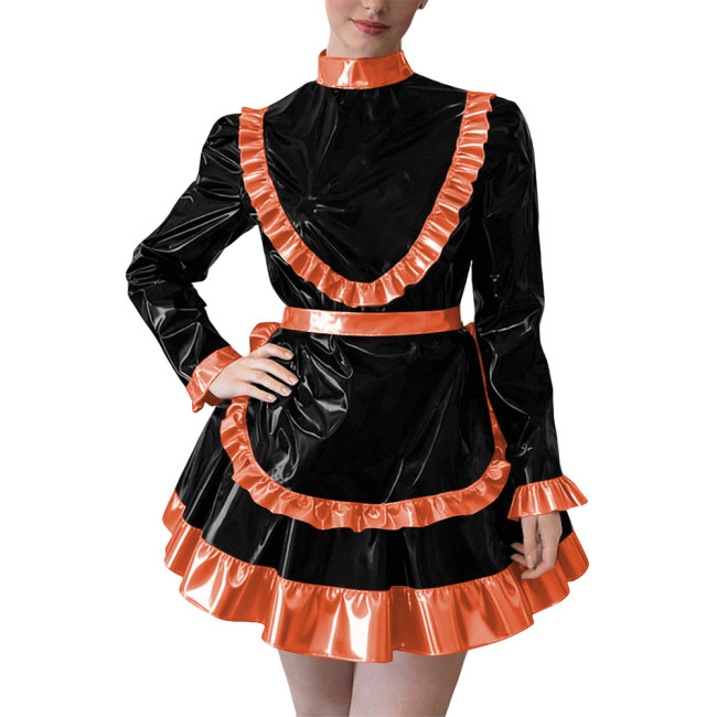 Party Cross Dressing Lolita Mini Maid Dresses Sissy Maid Long Sleeve Ruffles Glossy PVC Dress Halloween Cosplay Maid Outfits 7XL