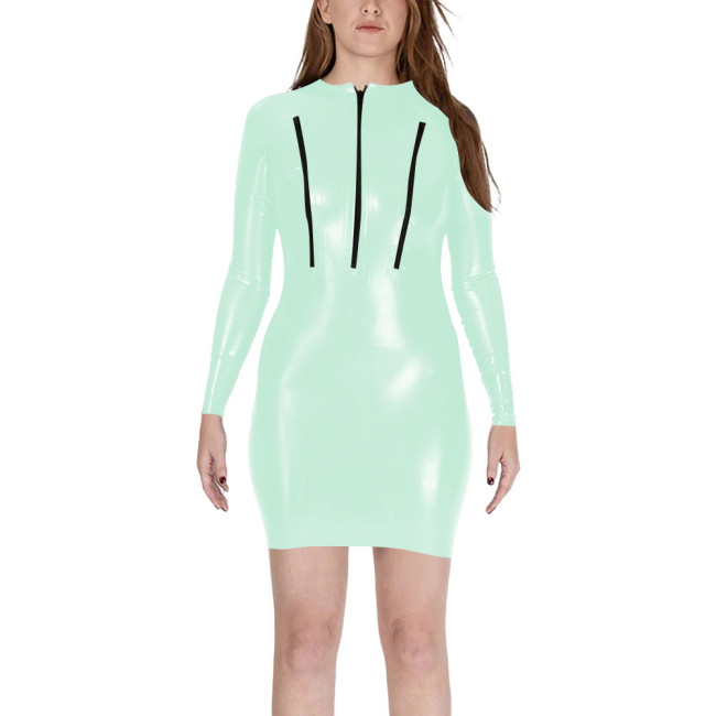 Sexy Zipper Chest Bodycon Mini Dress Womens Club Sheath Long Sleeve PVC Shiny Tight Dresses Wetlook Patent Leather Vestidos