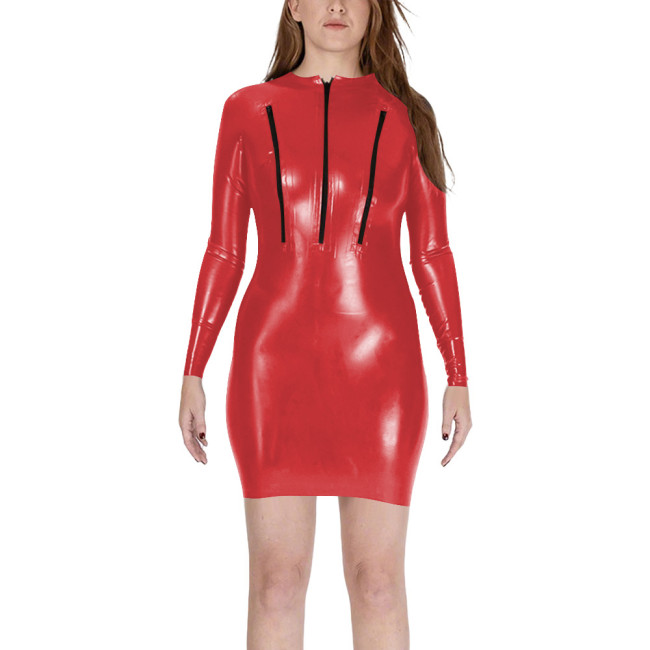 Sexy Zipper Chest Bodycon Mini Dress Womens Club Sheath Long Sleeve PVC Shiny Tight Dresses Wetlook Patent Leather Vestidos