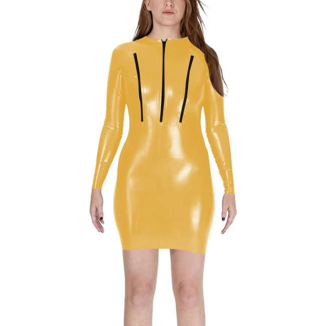 Sexy Zipper Chest Bodycon Mini Dress Womens Club Sheath Long Sleeve PVC Shiny Tight Dresses Wetlook Patent Leather Vestidos