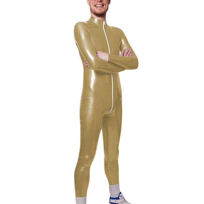 Long Sleeve Zipper Open Crotch Catsuits for Mens PVC Glossy Leather Club Leotard High Neck Fetish Party Cosplay Male Bodysuit