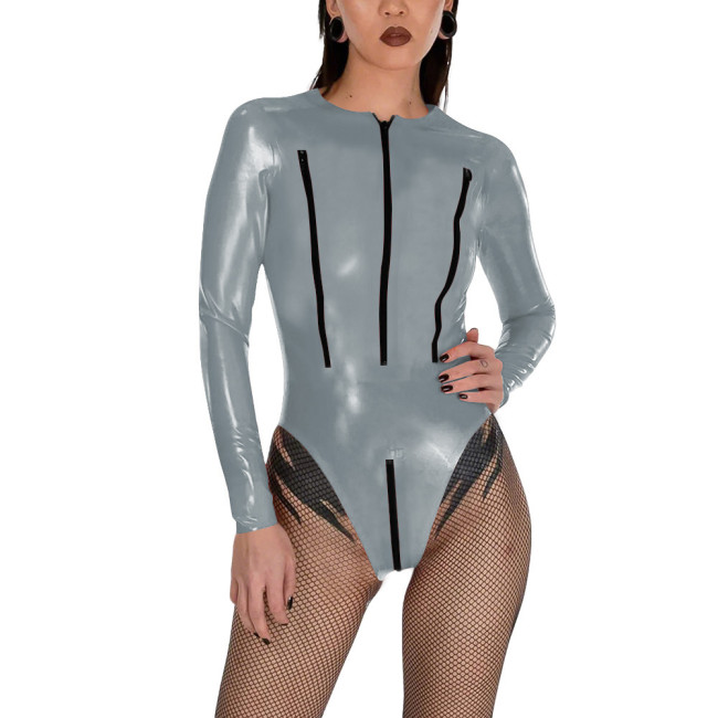 Porno PVC Glossy Leather Bodysuit Sexy Zipper Open Breast Teddies Wetlook Clubwear Lingerie Long Sleeve Zip Crotchless Rompers