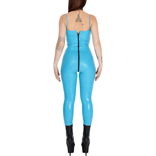 Womens Glossy PVC Leather Spaghetti Straps Catsuit Sleeveless Club Jumpsuit Zipper Full Length Leotard Rave Dance Party Bodysuit