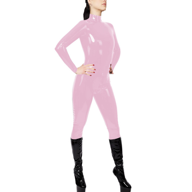 Halloween High Neck Women Catsuit Sexy Shiny Patent Leather PVC Zipper Open Crotch Jumpsuit Nightclub Wet Look Rompers Bodysuit