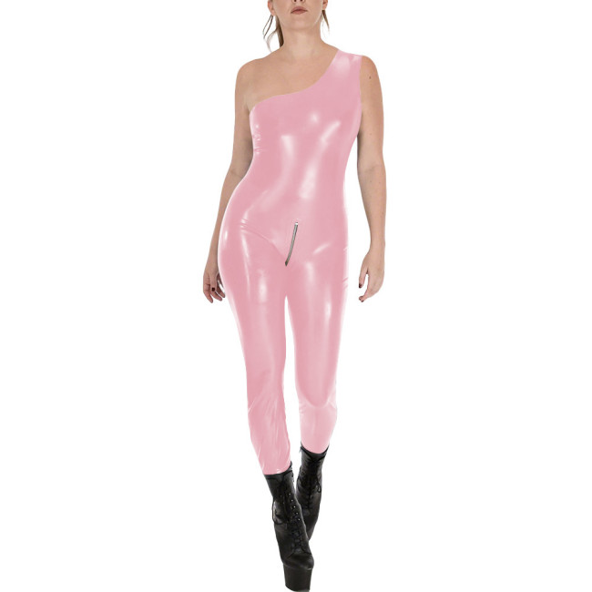 Fashion Sleeveless Wet Look PVC Catsuit Vinyl Faux Leather One Shoulder Rompers Zipper Open Crotch Tights Hot Leotard Jumpsuit