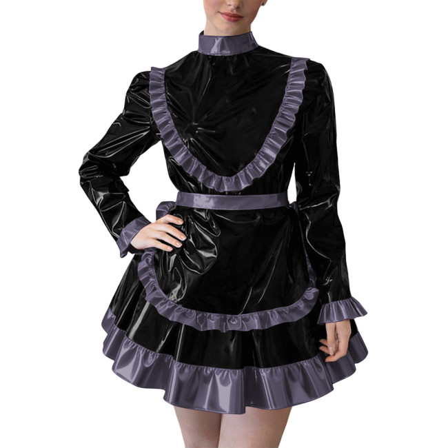 Party Cross Dressing Lolita Mini Maid Dresses Sissy Maid Long Sleeve Ruffles Glossy PVC Dress Halloween Cosplay Maid Outfits 7XL