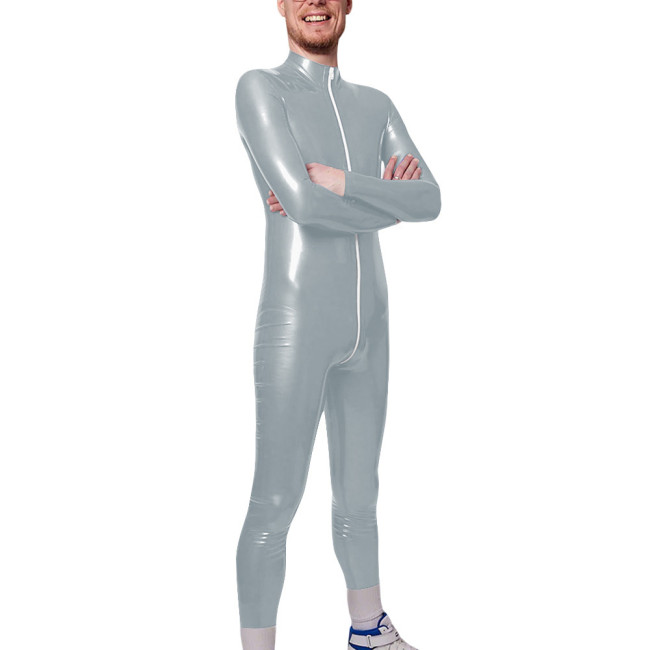 Long Sleeve Zipper Open Crotch Catsuits for Mens PVC Glossy Leather Club Leotard High Neck Fetish Party Cosplay Male Bodysuit
