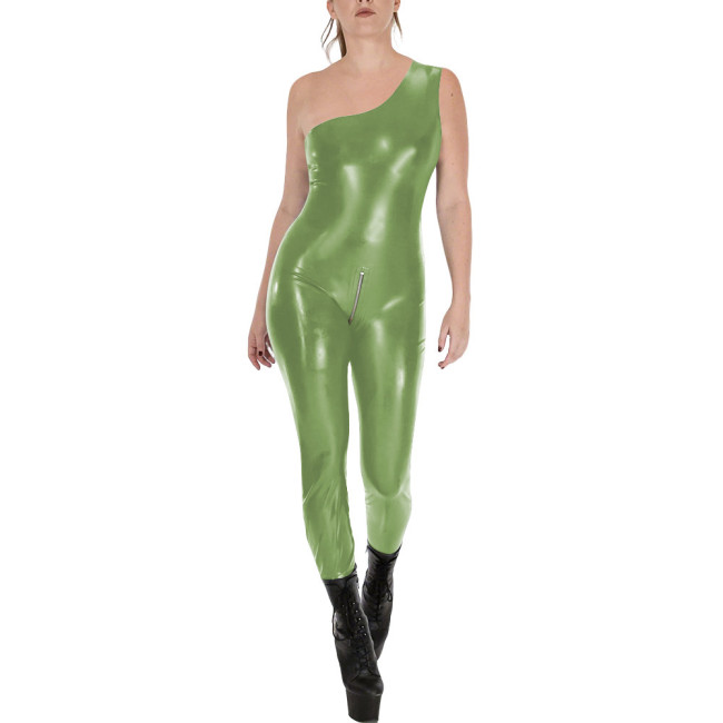 Fashion Sleeveless Wet Look PVC Catsuit Vinyl Faux Leather One Shoulder Rompers Zipper Open Crotch Tights Hot Leotard Jumpsuit