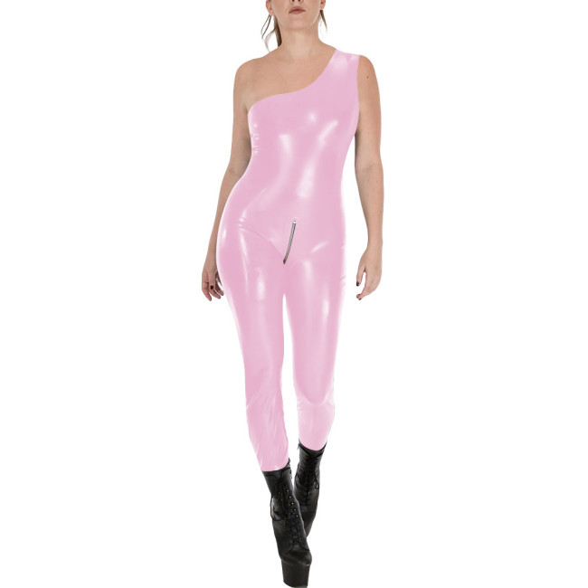Fashion Sleeveless Wet Look PVC Catsuit Vinyl Faux Leather One Shoulder Rompers Zipper Open Crotch Tights Hot Leotard Jumpsuit