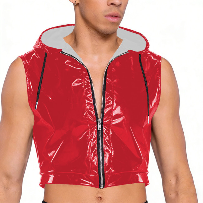 Wet Look PVC Leather Crop Tops for Mens Shiny Vinyl Leather Zipper Tank Vest Male Pole Dance Clubwear Croptop Cropped Jackets