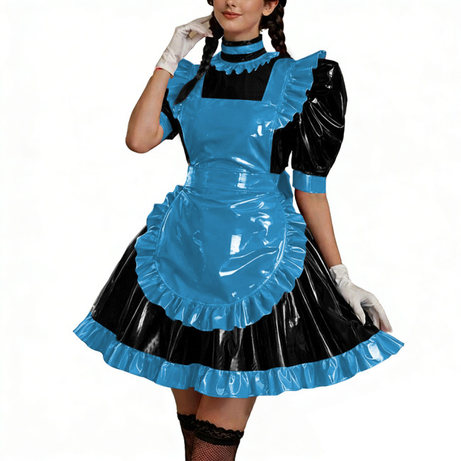 Shiny PU Leather Anime Maid Uniforms Lockable Role Play Mini Pleated Maid Dress with Apron Sissy Ball Gown Party Cosplay Outfits