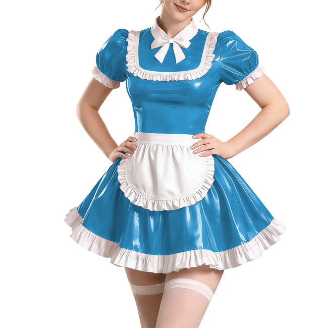 Sissy Short Sleeve Maid Uniform Lolita Pleated Cosplay Evening Dress Anime Bow Shiny PVC Mini Maid Dress with Apron Halloween