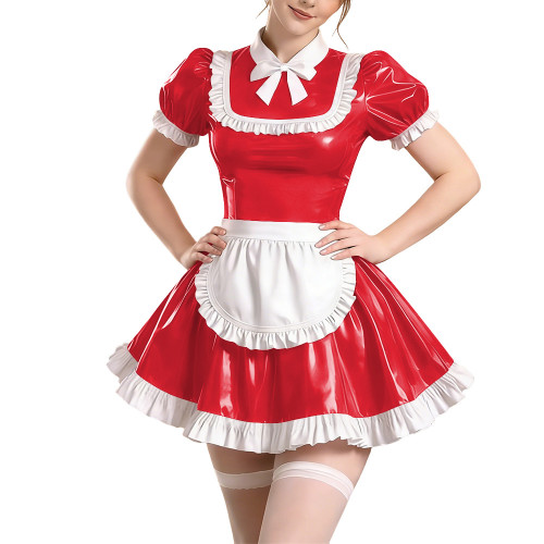 Sissy Short Sleeve Maid Uniform Lolita Pleated Cosplay Evening Dress Anime Bow Shiny PVC Mini Maid Dress with Apron Halloween
