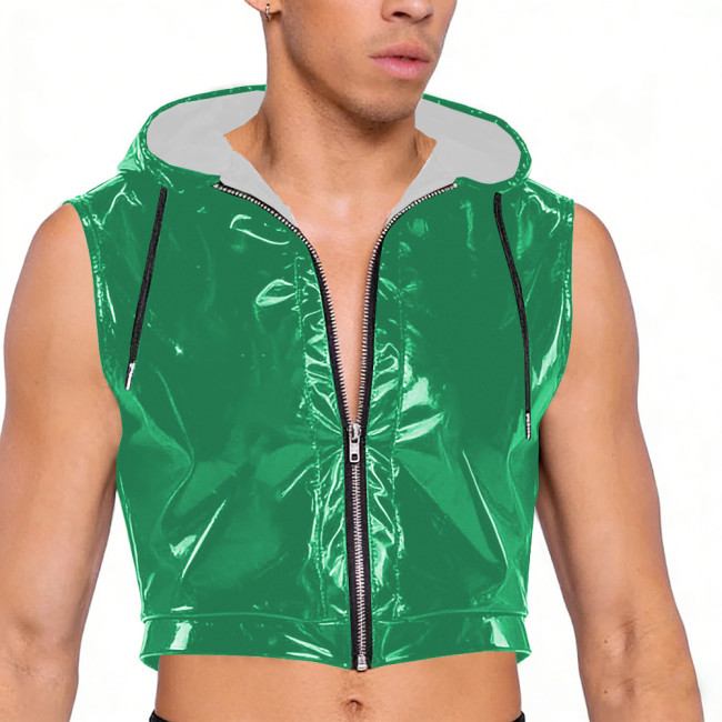 Wet Look PVC Leather Crop Tops for Mens Shiny Vinyl Leather Zipper Tank Vest Male Pole Dance Clubwear Croptop Cropped Jackets