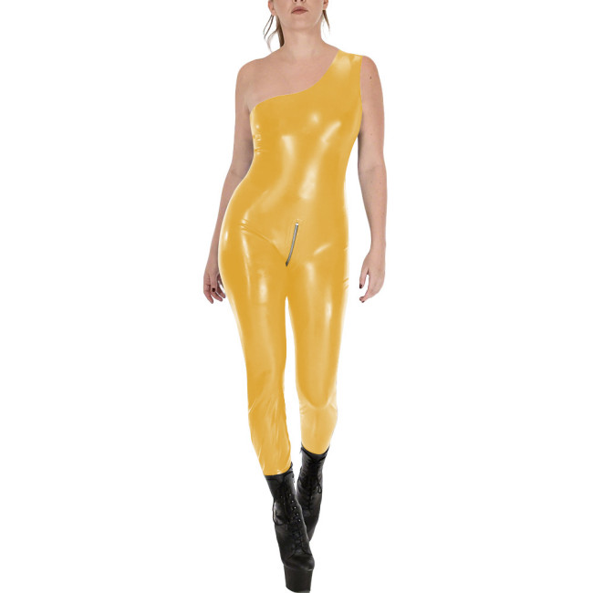 Fashion Sleeveless Wet Look PVC Catsuit Vinyl Faux Leather One Shoulder Rompers Zipper Open Crotch Tights Hot Leotard Jumpsuit