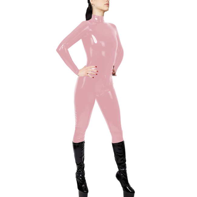 Halloween High Neck Women Catsuit Sexy Shiny Patent Leather PVC Zipper Open Crotch Jumpsuit Nightclub Wet Look Rompers Bodysuit