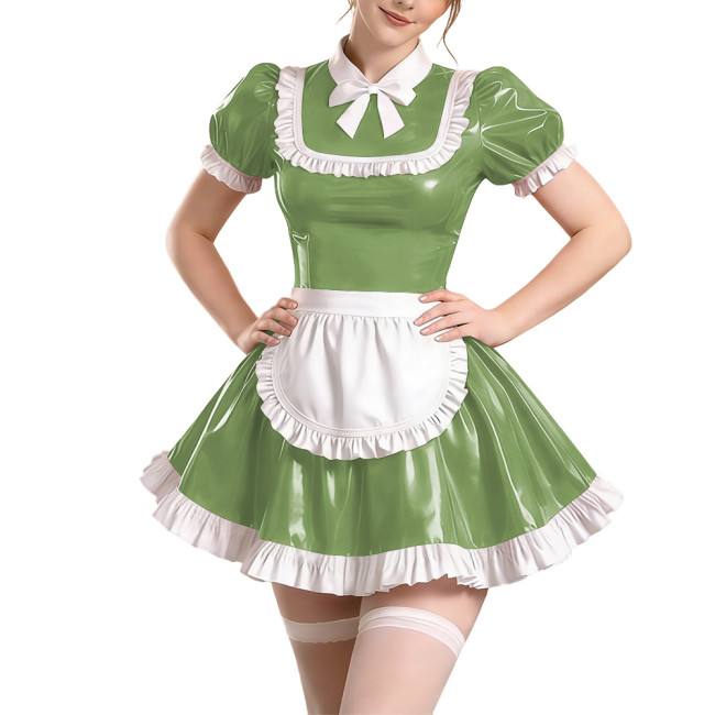 Sissy Short Sleeve Maid Uniform Lolita Pleated Cosplay Evening Dress Anime Bow Shiny PVC Mini Maid Dress with Apron Halloween
