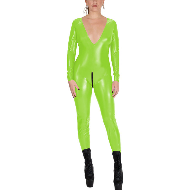 V-neck Zipper Open Crotch Wet Look PVC Catsuit Womens Party Shiny PU Leather Bodysuit Cospaly Tight Leotard Long Sleeve Jumpsuit