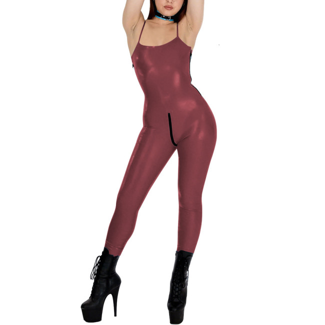 Womens Glossy PVC Leather Spaghetti Straps Catsuit Sleeveless Club Jumpsuit Zipper Full Length Leotard Rave Dance Party Bodysuit