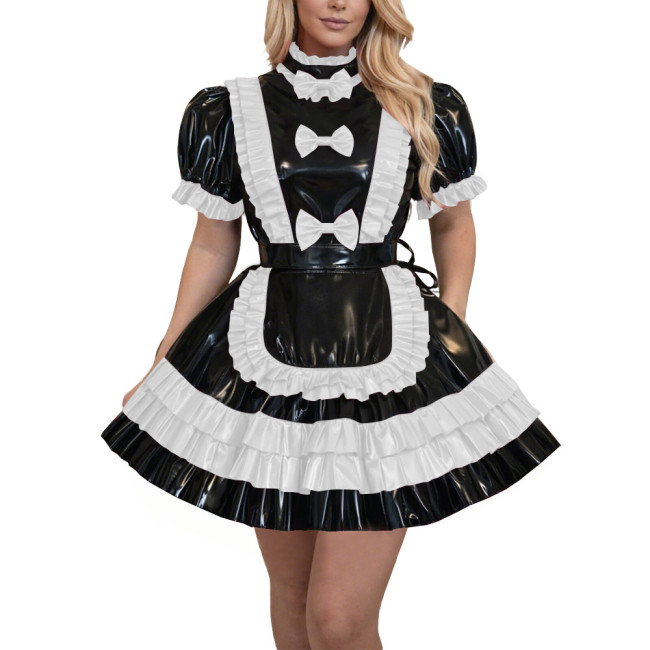 French Lolita Fetish Crossdressing Maid Uniforms Lockable Sissy High Neck Apron Pleated Mini Maid Dress for Theme Party Cosplay