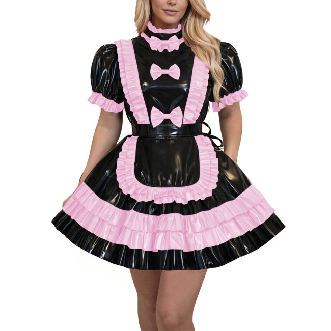 French Lolita Fetish Crossdressing Maid Uniforms Lockable Sissy High Neck Apron Pleated Mini Maid Dress for Theme Party Cosplay