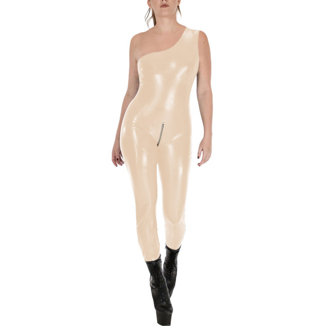 Fashion Sleeveless Wet Look PVC Catsuit Vinyl Faux Leather One Shoulder Rompers Zipper Open Crotch Tights Hot Leotard Jumpsuit