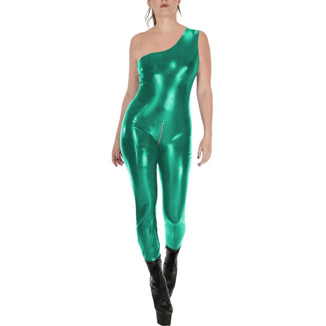 Fashion Sleeveless Wet Look PVC Catsuit Vinyl Faux Leather One Shoulder Rompers Zipper Open Crotch Tights Hot Leotard Jumpsuit