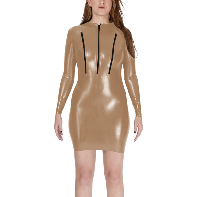 Sexy Zipper Chest Bodycon Mini Dress Womens Club Sheath Long Sleeve PVC Shiny Tight Dresses Wetlook Patent Leather Vestidos
