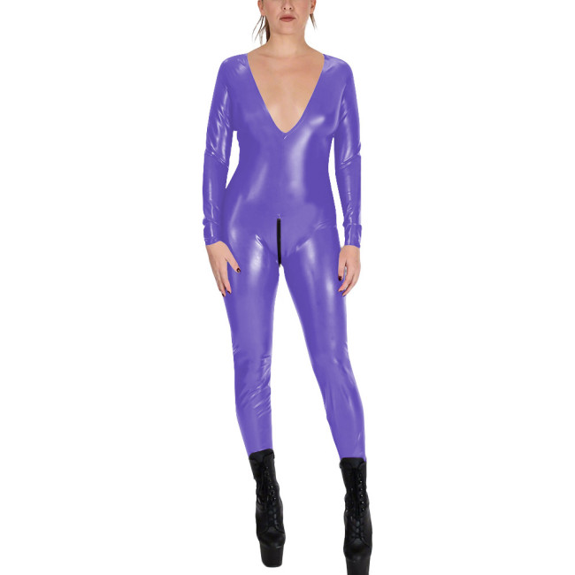 V-neck Zipper Open Crotch Wet Look PVC Catsuit Womens Party Shiny PU Leather Bodysuit Cospaly Tight Leotard Long Sleeve Jumpsuit