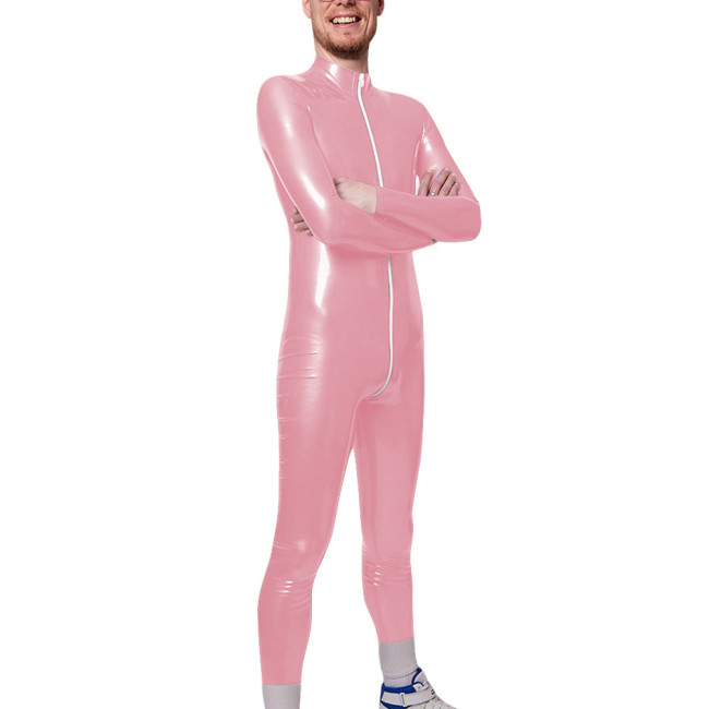 Long Sleeve Zipper Open Crotch Catsuits for Mens PVC Glossy Leather Club Leotard High Neck Fetish Party Cosplay Male Bodysuit