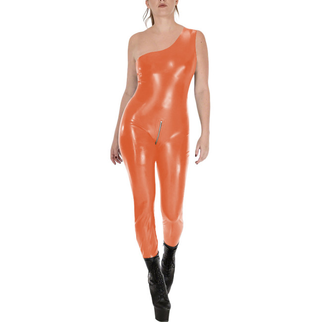 Fashion Sleeveless Wet Look PVC Catsuit Vinyl Faux Leather One Shoulder Rompers Zipper Open Crotch Tights Hot Leotard Jumpsuit