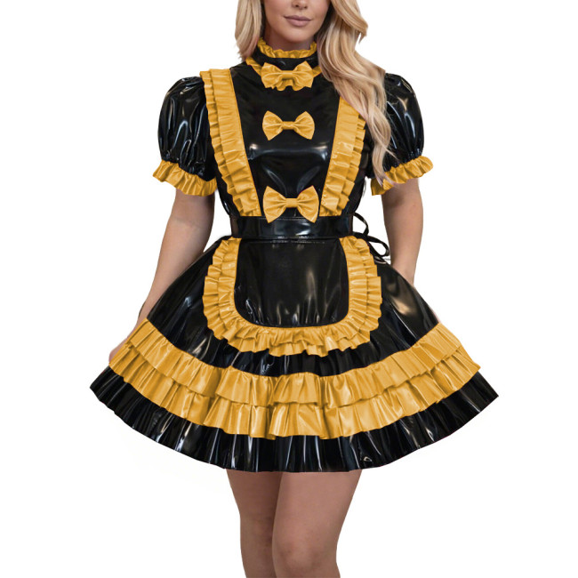 French Lolita Fetish Crossdressing Maid Uniforms Lockable Sissy High Neck Apron Pleated Mini Maid Dress for Theme Party Cosplay