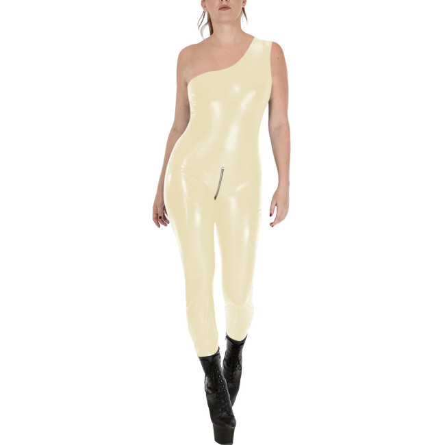 Fashion Sleeveless Wet Look PVC Catsuit Vinyl Faux Leather One Shoulder Rompers Zipper Open Crotch Tights Hot Leotard Jumpsuit