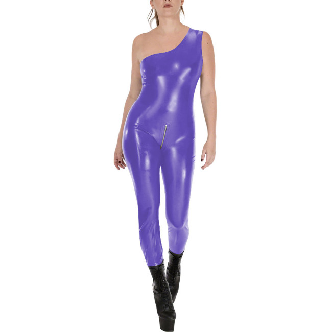 Fashion Sleeveless Wet Look PVC Catsuit Vinyl Faux Leather One Shoulder Rompers Zipper Open Crotch Tights Hot Leotard Jumpsuit