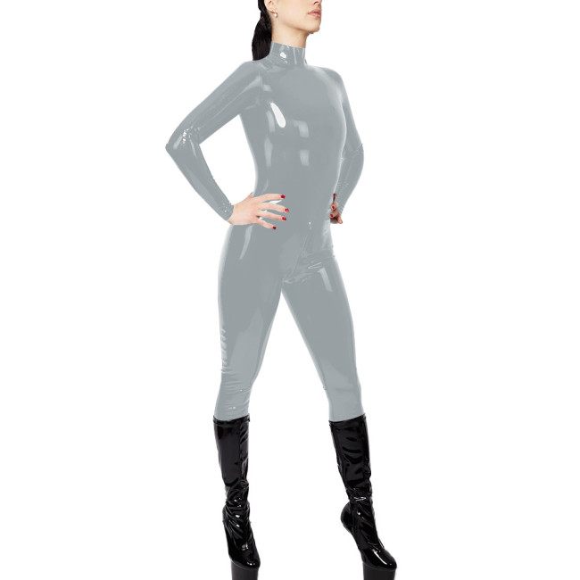 Halloween High Neck Women Catsuit Sexy Shiny Patent Leather PVC Zipper Open Crotch Jumpsuit Nightclub Wet Look Rompers Bodysuit