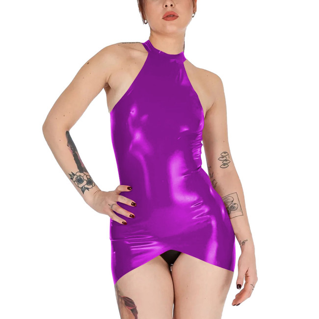 Womens Sleeveless Wet Look Sexy Tight Fit Dress Shiny PVC Leather Tank Dresses Sexy Package Hip Club Sundress Vestido Miniskirt