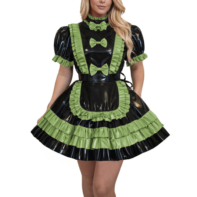 French Lolita Fetish Crossdressing Maid Uniforms Lockable Sissy High Neck Apron Pleated Mini Maid Dress for Theme Party Cosplay