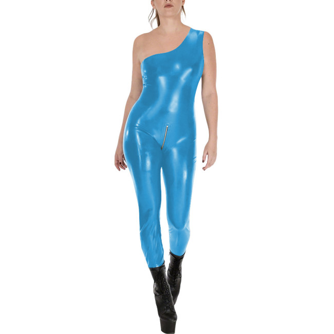 Fashion Sleeveless Wet Look PVC Catsuit Vinyl Faux Leather One Shoulder Rompers Zipper Open Crotch Tights Hot Leotard Jumpsuit