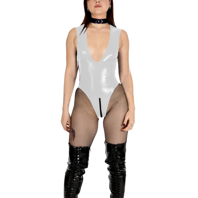 Sexy Vinyl PVC Leather Bodysuit Women's V-neck High Cut Tight Leotard Wetlook Sleeveless Zipper Crotch Teddies Pole Dance Romper
