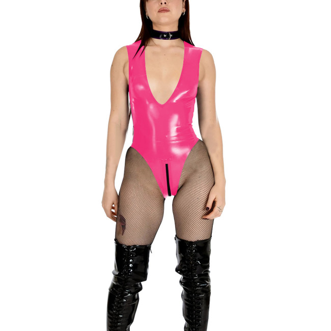 Sexy Vinyl PVC Leather Bodysuit Women's V-neck High Cut Tight Leotard Wetlook Sleeveless Zipper Crotch Teddies Pole Dance Romper